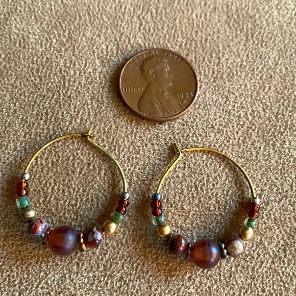 Vintage Earthtone Beaded Hoop Earrings - Picture 2 of 3